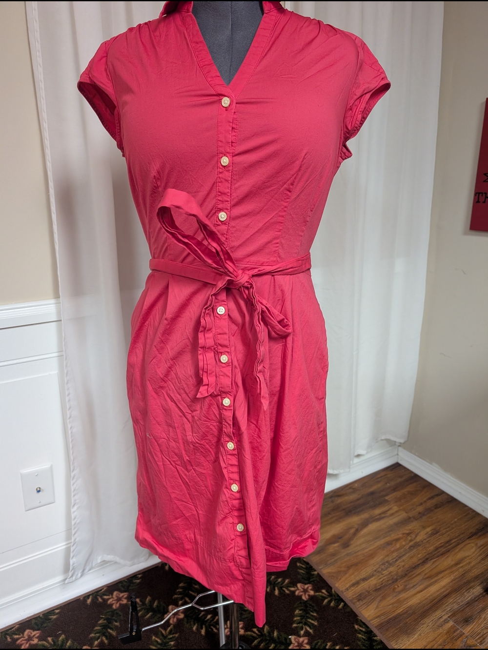 Banana Republic Coral Pink Button-Front Tie-Waist Midi Dress